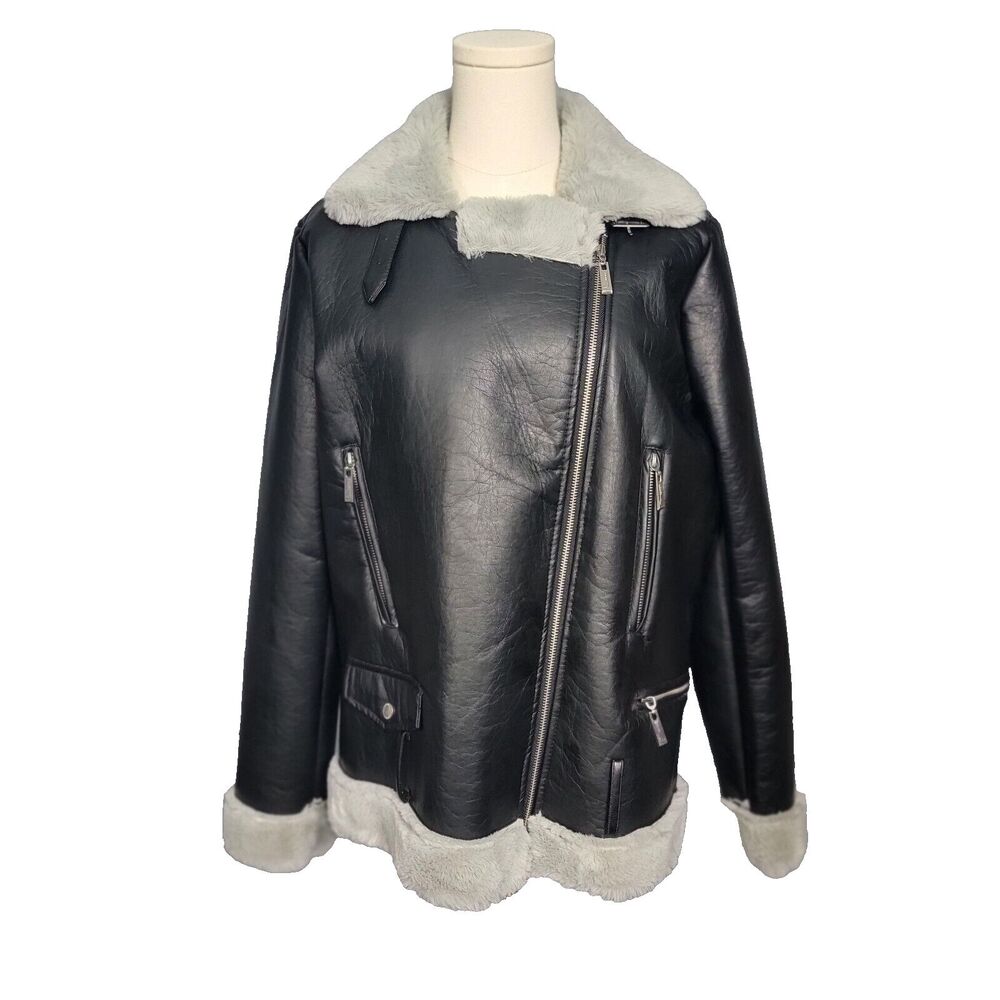 Jou Jou Juniors' Faux-Fur-Lined Moto Jacket Black *Missing Belt*new w tag